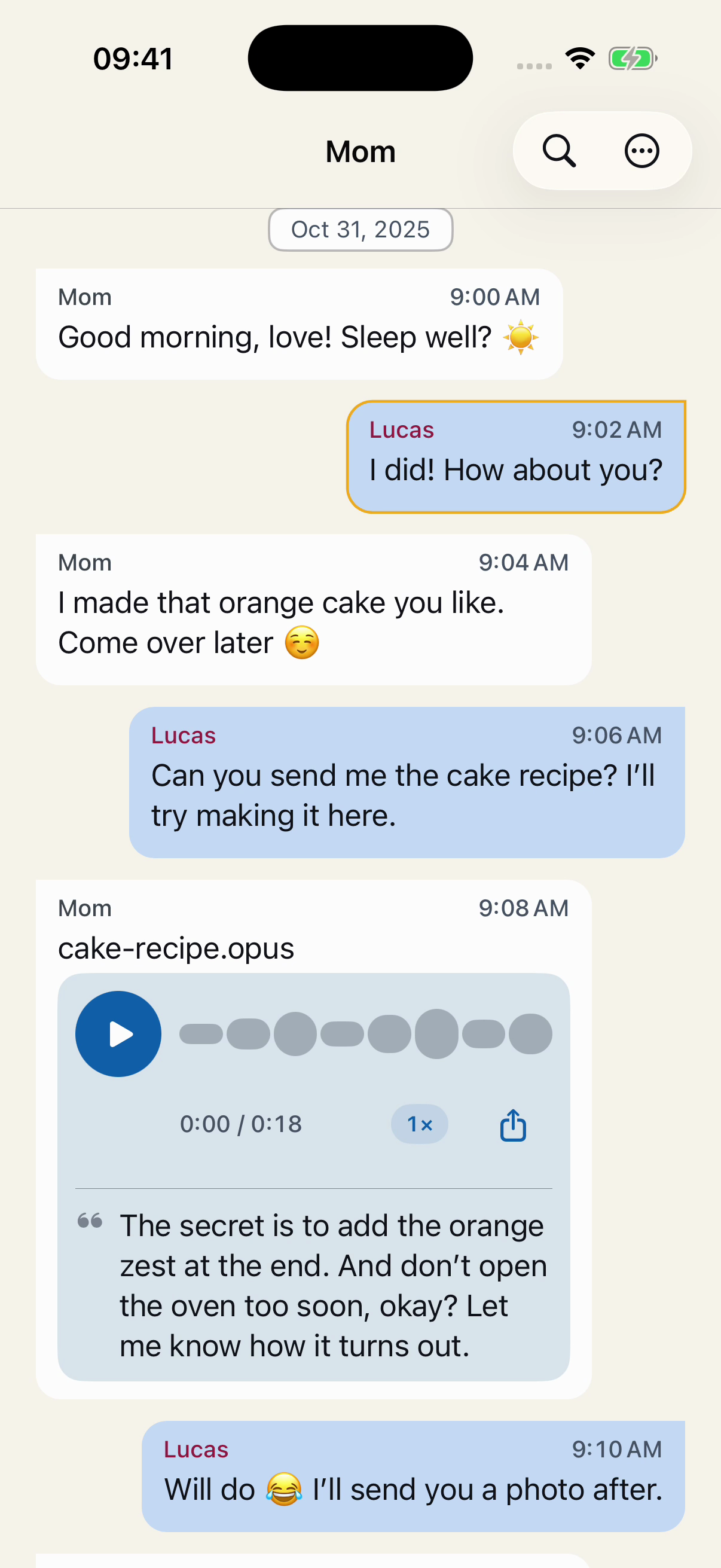 A fictional conversation between Mom and Lucas in Chat Archive, with messages in order and a voice message about an orange cake recipe.