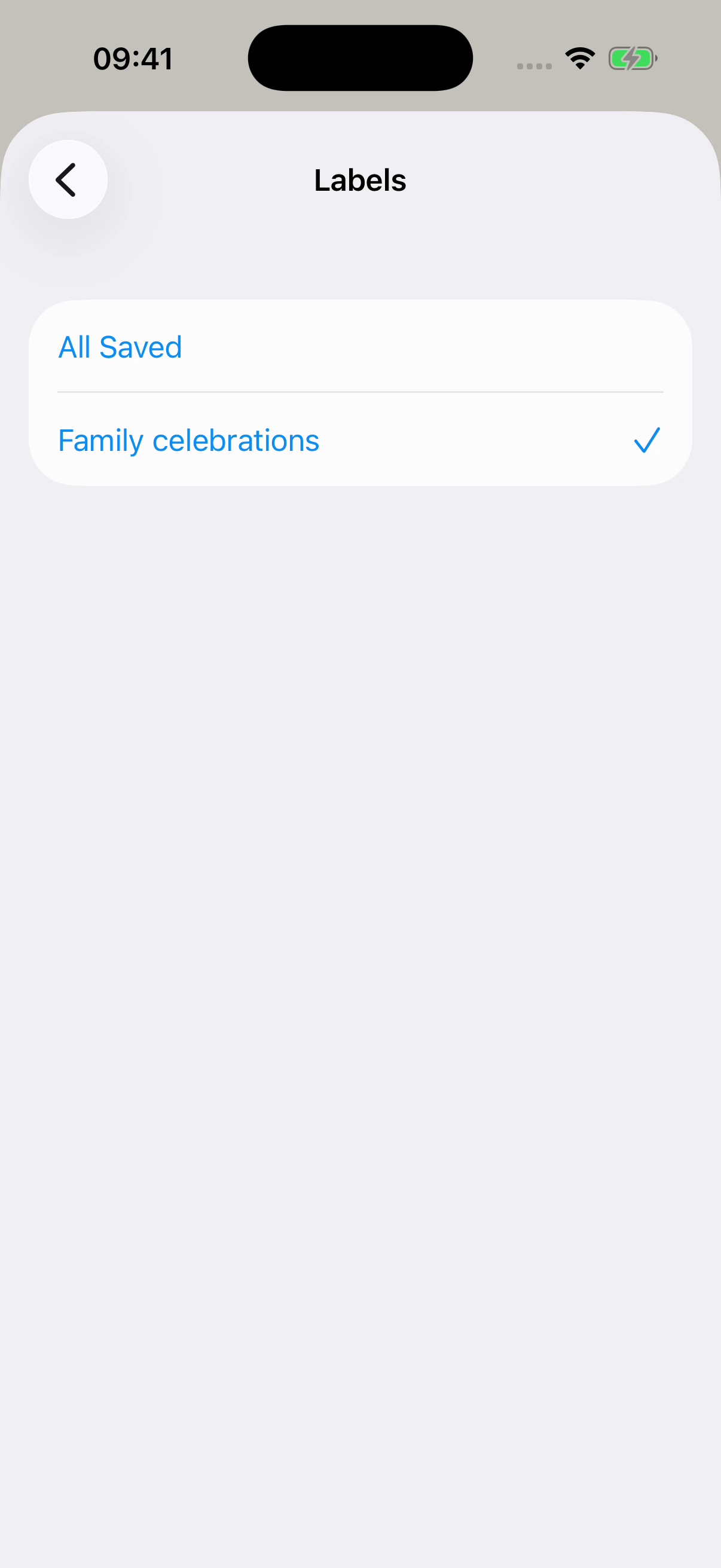 Chat Archive’s Labels screen with Family celebrations selected. Fictional example.
