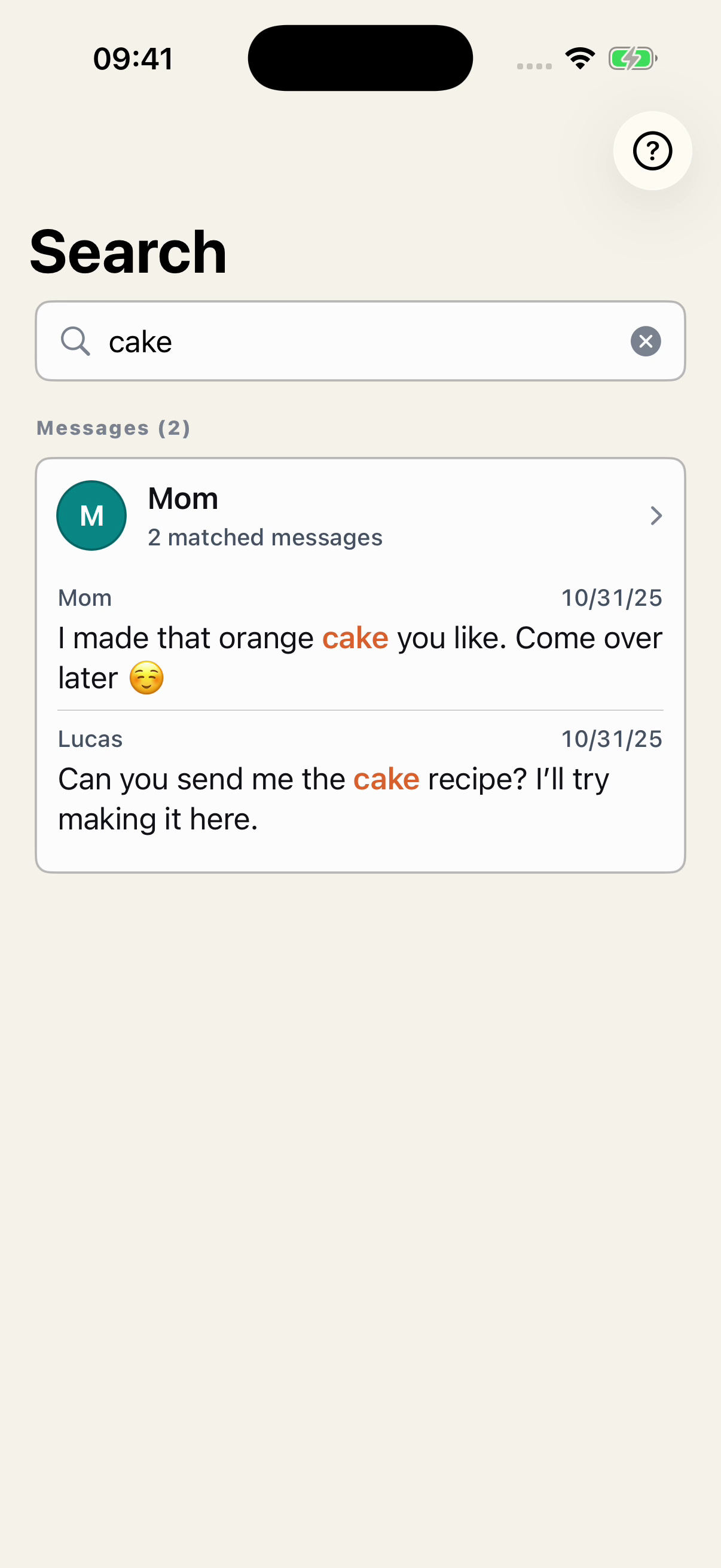 Search for cake in the fictional conversation: the word is highlighted in the results, alongside the sender’s name and date.