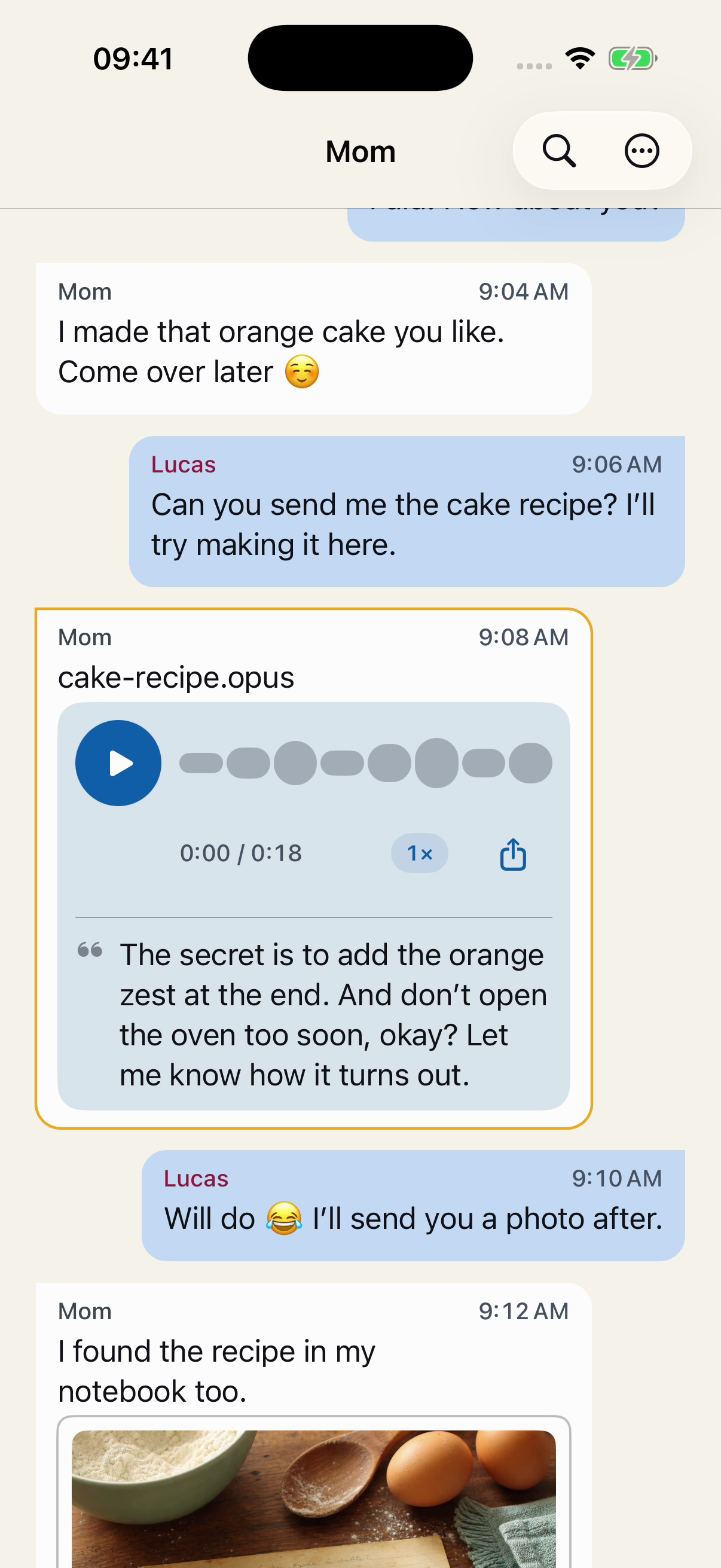A fictional 18-second voice message in Chat Archive, with a play button, speed control, and an English transcript.
