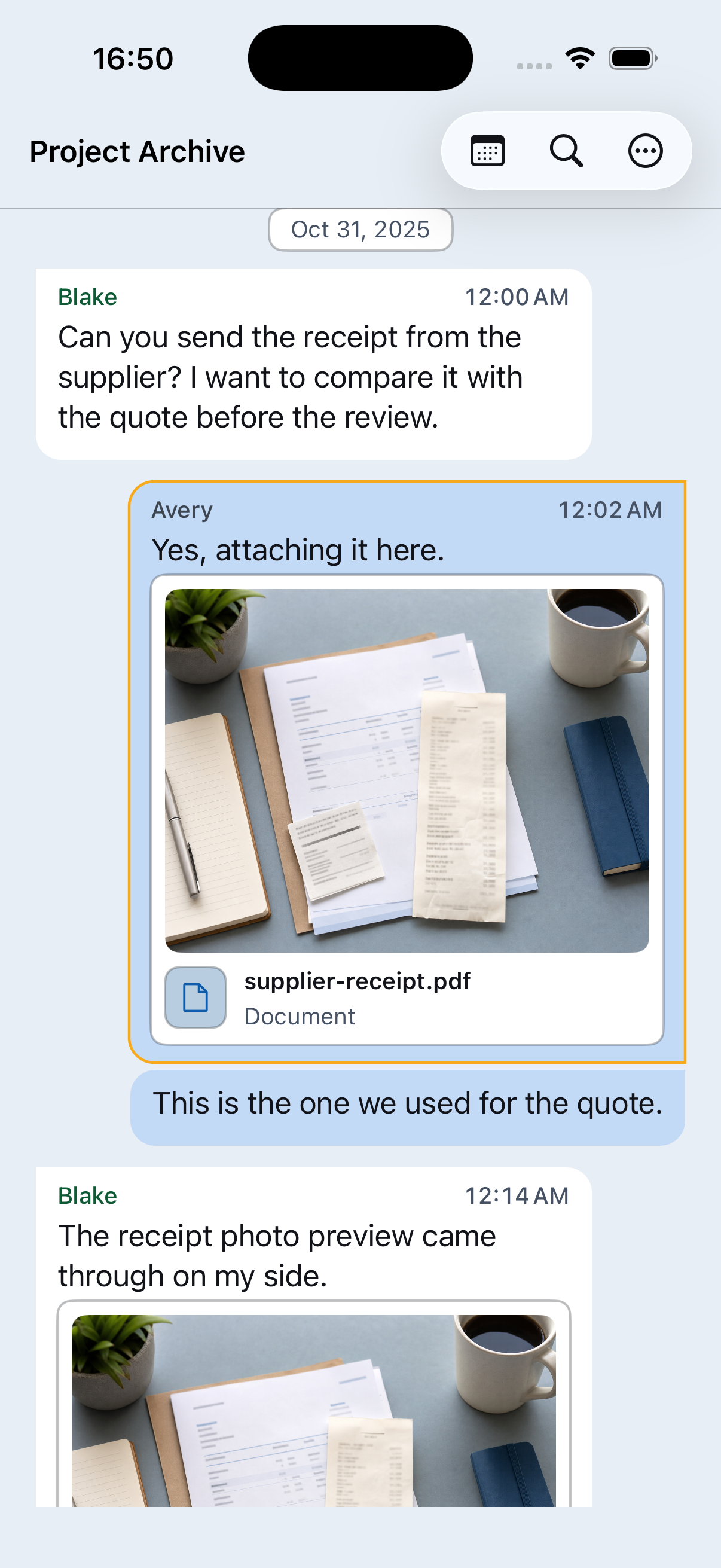 Chat Archive showing an imported chat timeline