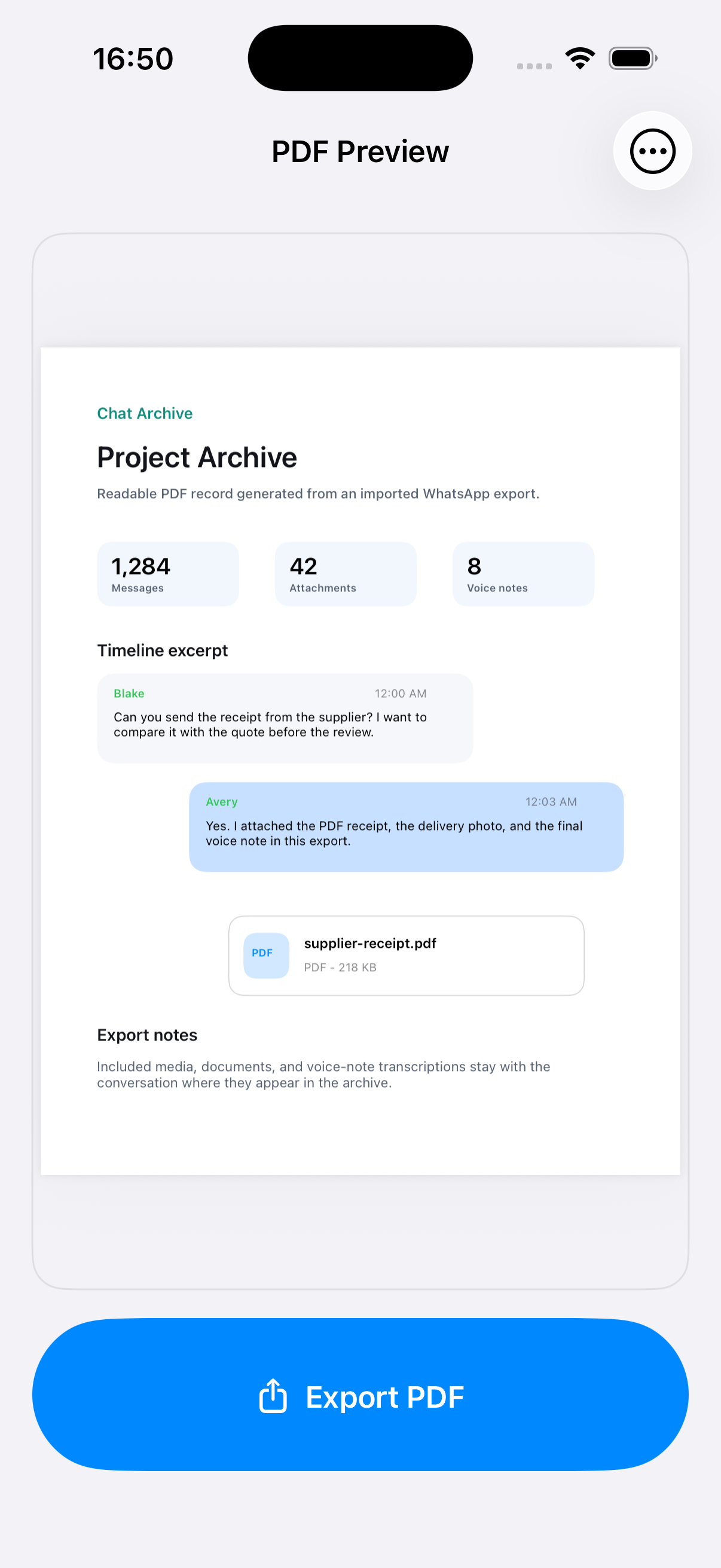Chat Archive PDF preview screen
