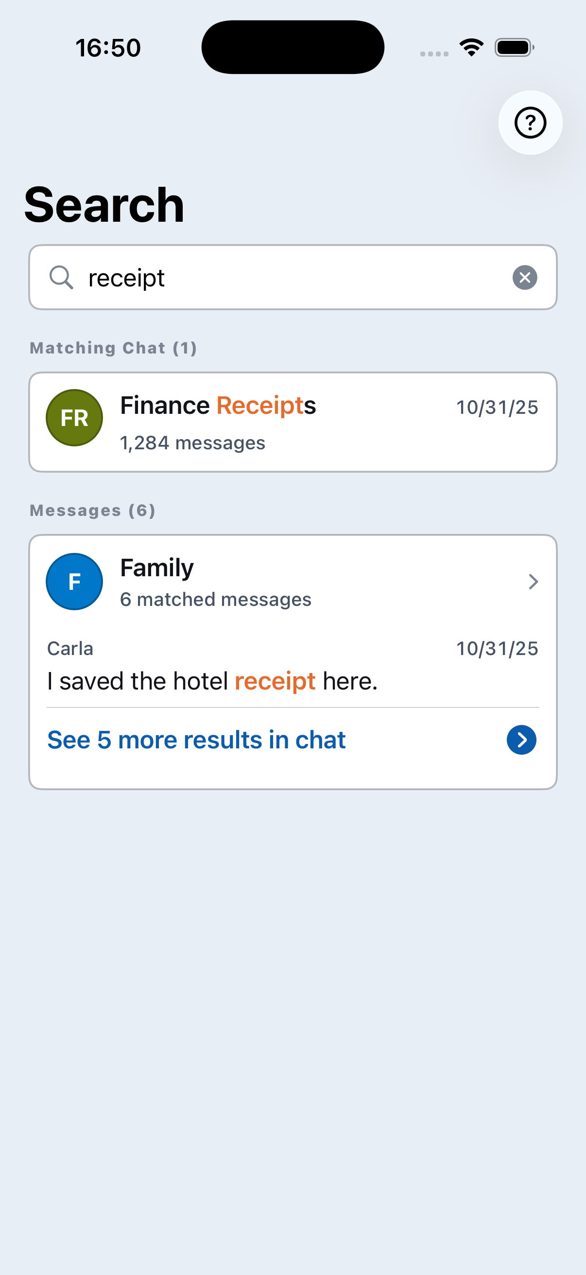 Chat Archive search screen