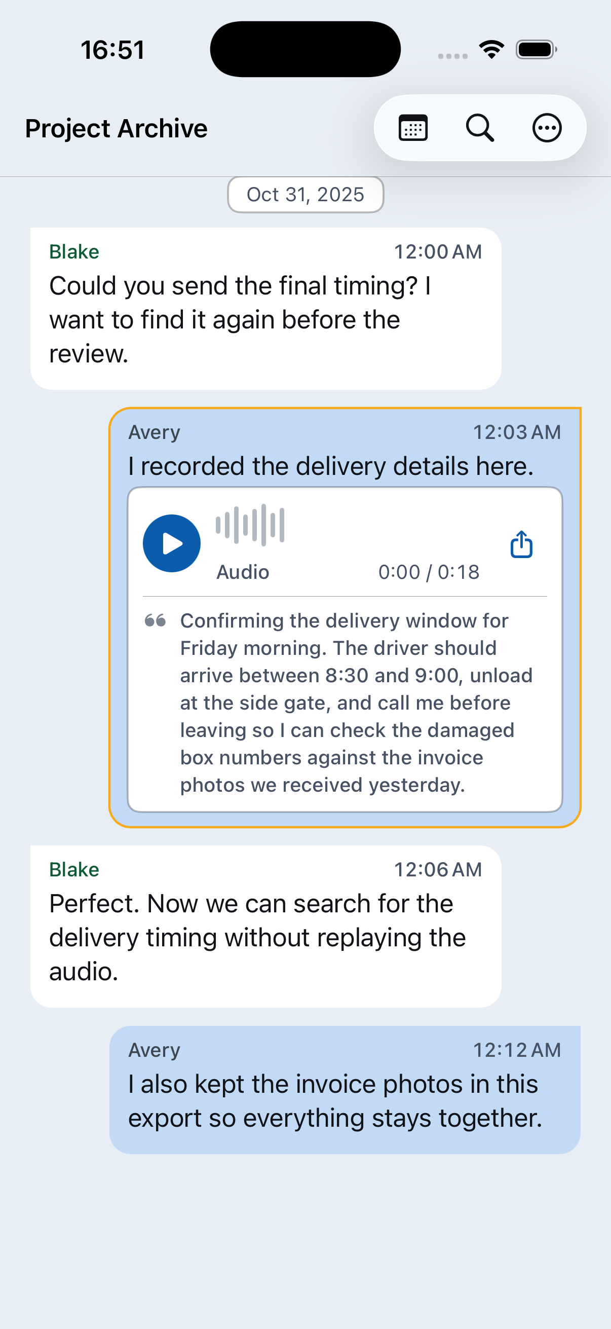 Chat Archive showing a voice message transcript