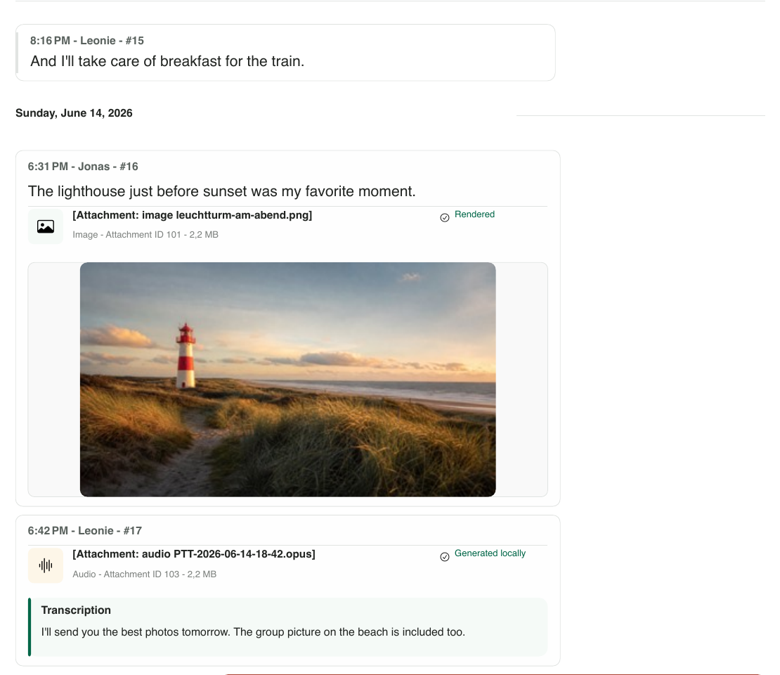 Detail of a real PDF generated by Chat Archive from a fictional conversation about a trip, with a message, a lighthouse photo, and an English voice transcript.